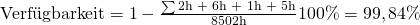 \text {Verf\"ugbarkeit} = 1 - \frac {\sum{\text{2h + 6h + 1h + 5h}}}{\text{8502h}}100\% = 99,84\%