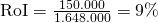 \text{RoI} = \frac {150.000}{1.648.000}=9\%